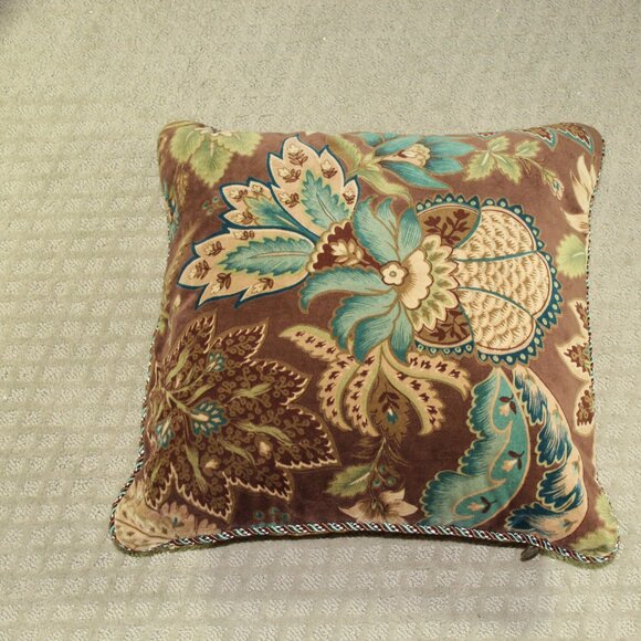 Pier 1 Decorative Square Brown Teal Floral Velour Embroidered Satin Throw Pillow - Picture 1 of 5